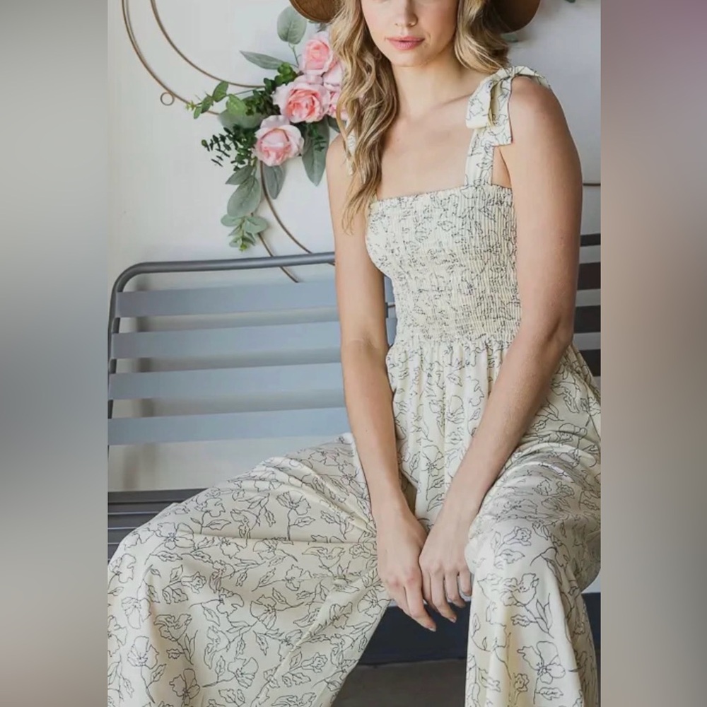 BUCKETLIST Cream Jumpsuit with Navy Floral Print
